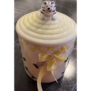Cat design Cookie or Cat Treat Jar Yellow/white with cat & fish design 10x6 in